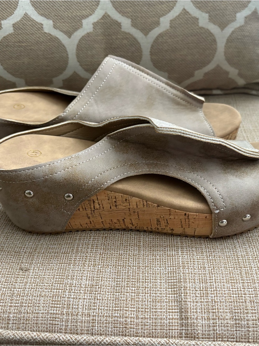 Comfort Cork Wedge Slide Sandals in Light Taupe